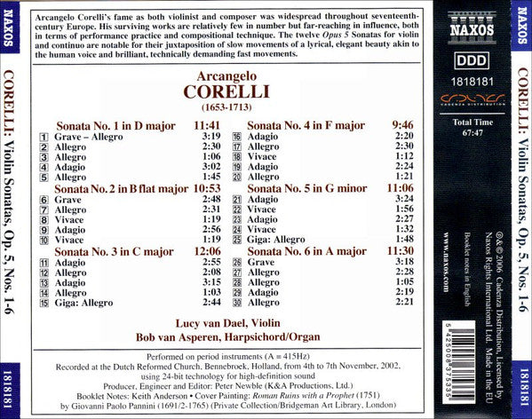 Arcangelo Corelli - Lucy Van Dael & Bob Van Asperen : Violin Sonatas, Op. 5, Nos. 1-6 (CD, Album, RE)