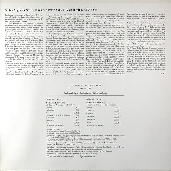 Johann Sebastian Bach, Huguette Dreyfus : Englische Suiten #1 And #2 BWV 806-807 (LP)