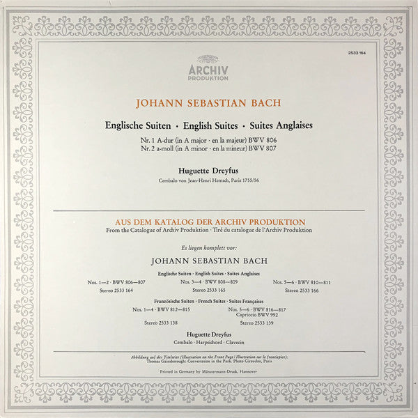 Johann Sebastian Bach, Huguette Dreyfus : Englische Suiten #1 And #2 BWV 806-807 (LP)