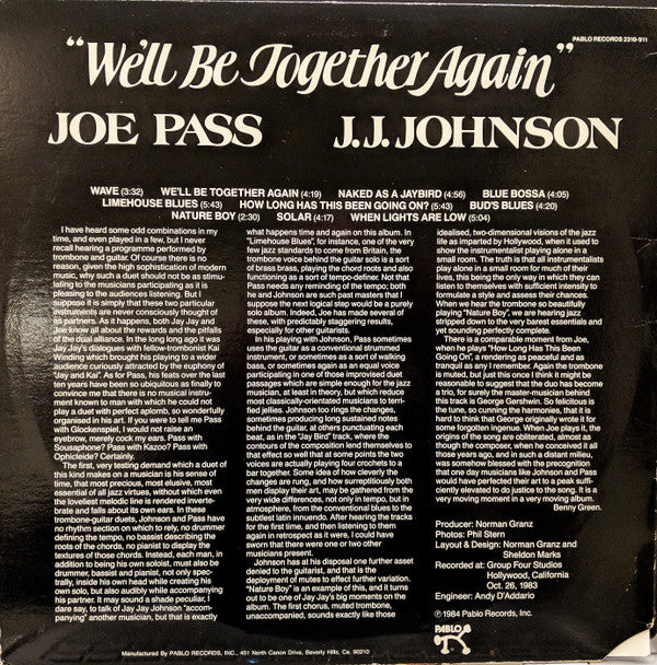 Joe Pass & J.J. Johnson : We'll Be Together Again (LP, Album)