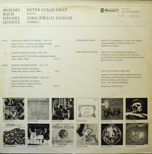 Wolfgang Amadeus Mozart, Johann Sebastian Bach, Georg Friedrich Händel, Johann Joachim Quantz, Peter-Lukas Graf, Jörg Ewald Dähler : Sonatas For Flute & Harpsichord (LP)