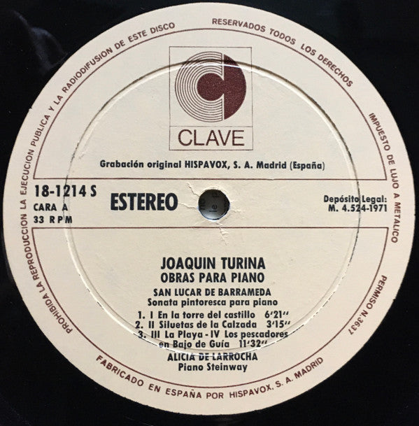Joaquín Turina - Alicia De Larrocha : Obras Para Piano (LP, Album, RE)