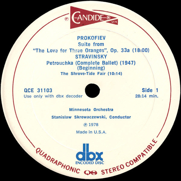Igor Stravinsky, Sergei Prokofiev, Minnesota Orchestra, Stanislaw Skrowaczewski : Petrouchka / The Love For Three Oranges (Suite) (LP, Quad, DBX)