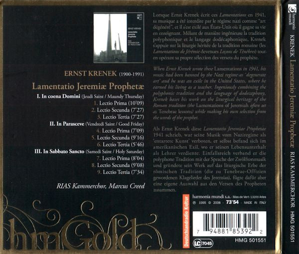 Ernst Krenek - RIAS-Kammerchor, Marcus Creed : Lamentatio Jeremiæ Prophetæ (CD, Album, RE)