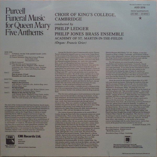 Henry Purcell - The King's College Choir Of Cambridge, Philip Jones Brass Ensemble, The Academy Of St. Martin-in-the-Fields Conducted By Philip Ledger : Funeral Music For Queen Mary / Five Anthems (LP, Quad, RP)