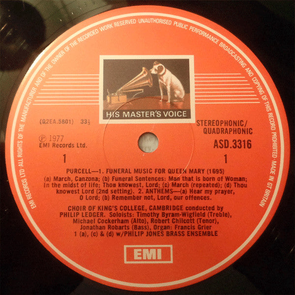 Henry Purcell - The King's College Choir Of Cambridge, Philip Jones Brass Ensemble, The Academy Of St. Martin-in-the-Fields Conducted By Philip Ledger : Funeral Music For Queen Mary / Five Anthems (LP, Quad, RP)