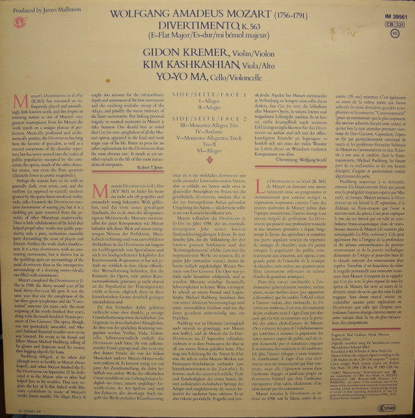 Wolfgang Amadeus Mozart - Gidon Kremer, Kim Kashkashian, Yo-Yo Ma : Divertimento, K. 563 (LP, Album)
