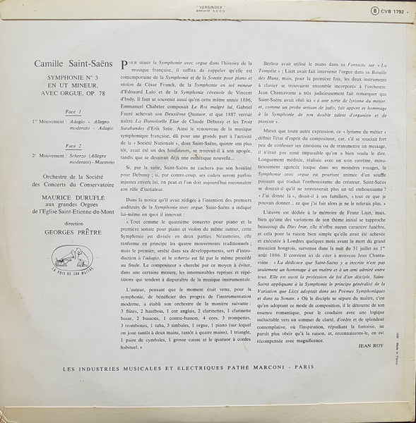 Saint-Saëns* - Orchestre De La Société Des Concerts Du Conservatoire, Maurice Duruflé, Georges Prêtre : Symphonie N° 3 En Ut Mineur Avec Orgue, Op. 78 (LP, RE)