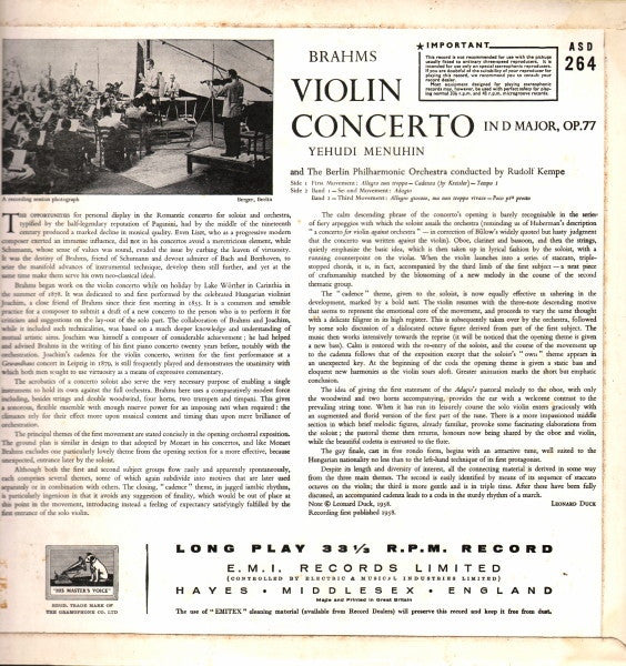 Brahms* : Yehudi Menuhin with Berlin Philharmonic Orchestra* conducted by Rudolf Kempe : Violin Concerto In D Major, Op.77 (LP)