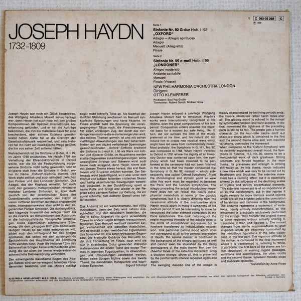 Joseph Haydn - New Philharmonia Orchestra, Otto Klemperer : Sinfonie Nr. 92 G-dur Hob. 1.92 ("Oxford") - Sinfonie Nr.95 C-moll Hob. 1.95 ("Londoner")  (LP, Album)