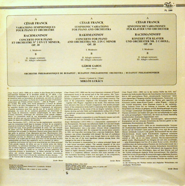 Gábor Gabos, The Budapest Philharmonic Orchestra Conducted By Miklós Lukács (3), César Franck  /  Sergei Vasilyevich Rachmaninoff : Symphonic Variations / Piano Concerto No.2 (LP)