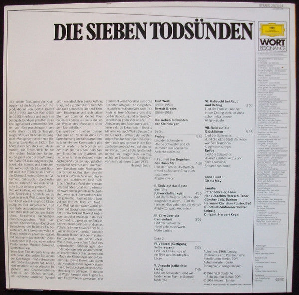 Brecht* & Weill* - Gisela May : Die Sieben Todsünden (LP, Album, RE)