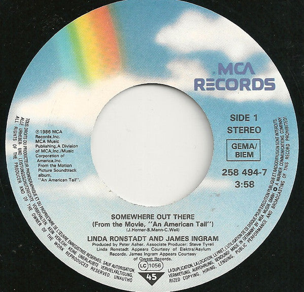 Linda Ronstadt And James Ingram : Somewhere Out There (7", Single)