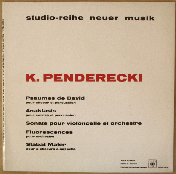 Krzysztof Penderecki : Psaumes De David / Anaklasis / Sonate Pour Violoncelle Et Orchestre / Fluorescences / Stabat Mater (LP, Album, Gat)