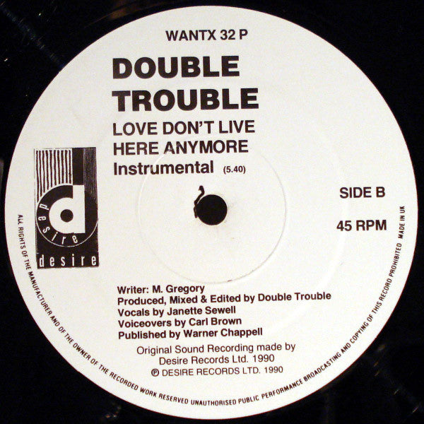 Double Trouble : Love Don't Live Here Anymore (12", Promo)