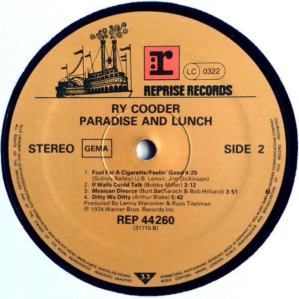 Ry Cooder : Paradise And Lunch (LP, Album, RE)