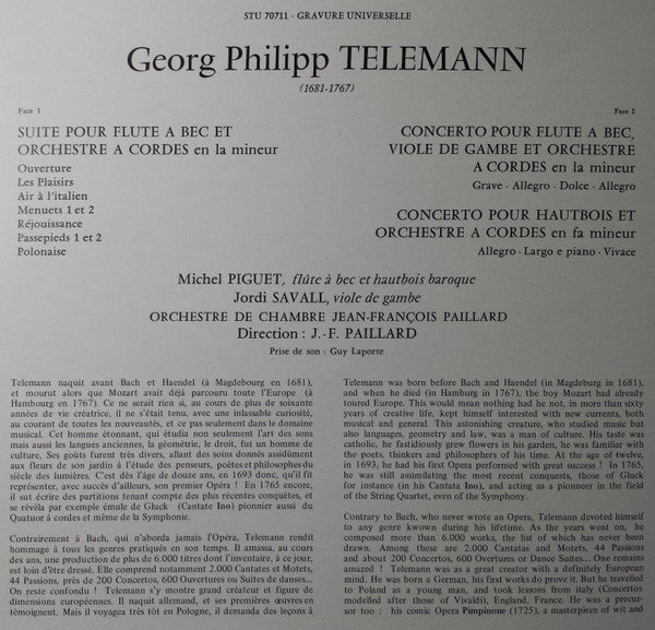 Telemann* - Michel Piguet, Jordi Savall, Orchestre De Chambre Jean-François Paillard : Suite En la Mineur & Deux Concertos Pour Flute A Bec, Viole De Gambe, Hautbois Baroque & Orchestre A Cordes (LP, Album)