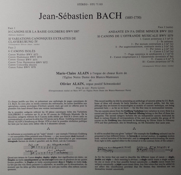 Johann Sebastian Bach - Marie-Claire Alain, Olivier Alain : L'art Du Canon Chez J.S. Bach (41 Canons Pour Deux Orgues) (LP)