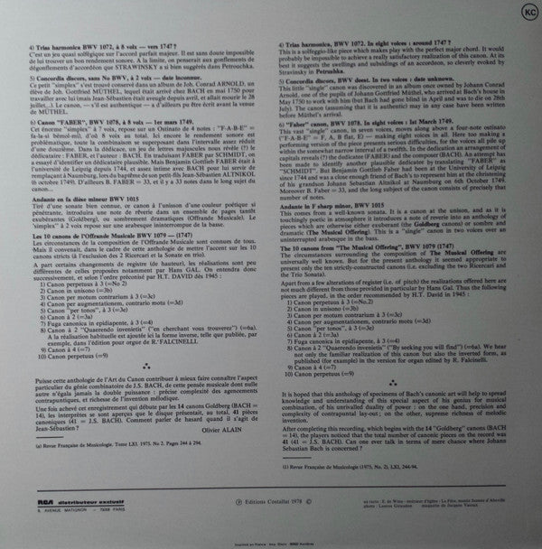 Johann Sebastian Bach - Marie-Claire Alain, Olivier Alain : L'art Du Canon Chez J.S. Bach (41 Canons Pour Deux Orgues) (LP)