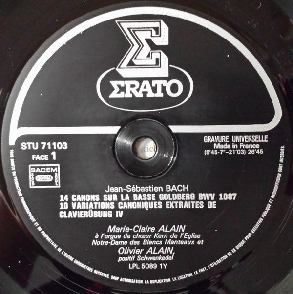 Johann Sebastian Bach - Marie-Claire Alain, Olivier Alain : L'art Du Canon Chez J.S. Bach (41 Canons Pour Deux Orgues) (LP)