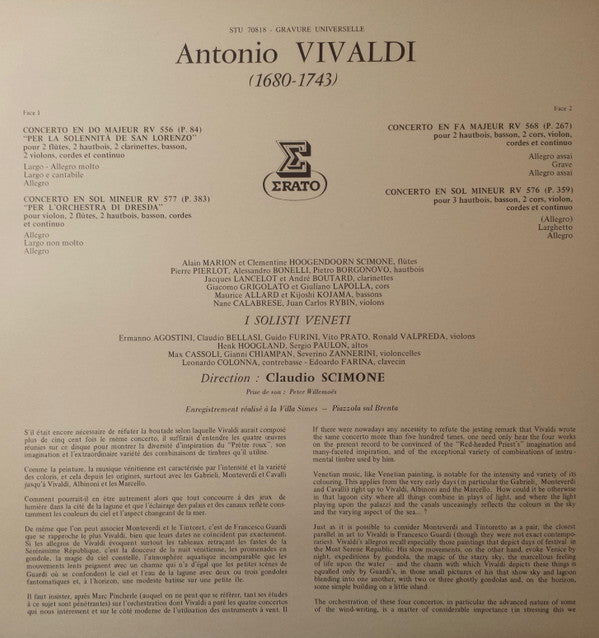 Antonio Vivaldi, Claudio Scimone, I Solisti Veneti : Quatre Concertos (LP)