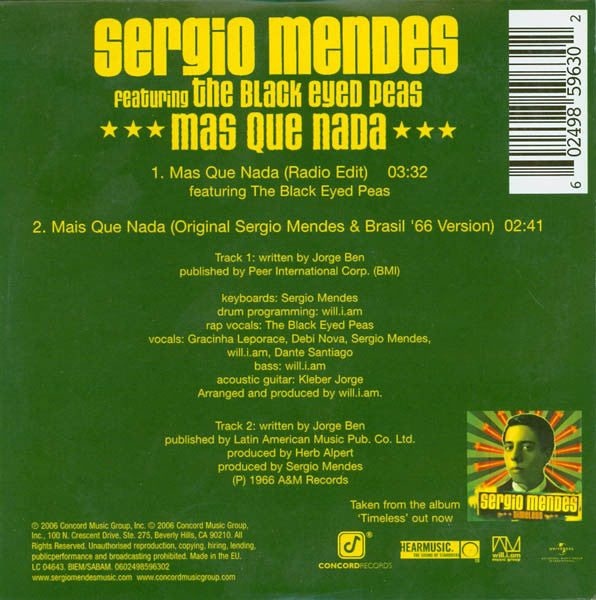 Sérgio Mendes Featuring Black Eyed Peas : Mas Que Nada (CD, Single)