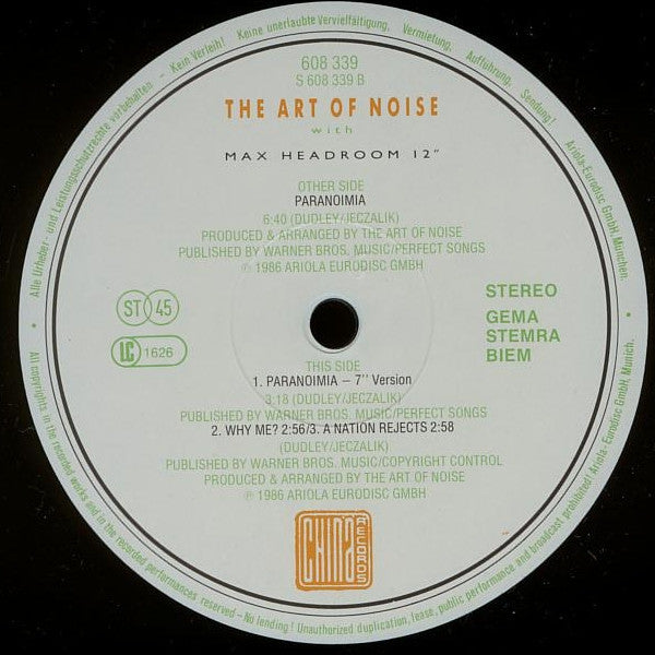 The Art Of Noise With Max Headroom : Paranoimia (New Special Paranoid-Mix) (12", Maxi)