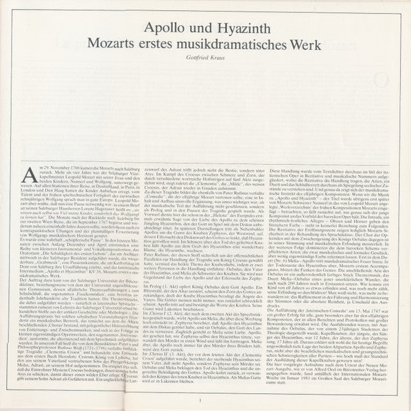 Wolfgang Amadeus Mozart, Edith Mathis, Cornelia Wulkopf, Arleen Auger, Hanna Schwarz, Anthony Rolfe Johnson, Salzburger Kammerchor, Das Mozarteum Orchester Salzburg, Leopold Hager : Apollo Et Hyacinthus (2xLP)