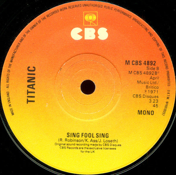 Titanic (3) : Sultana / Sing Fool Sing (7", Single, RE, RP)