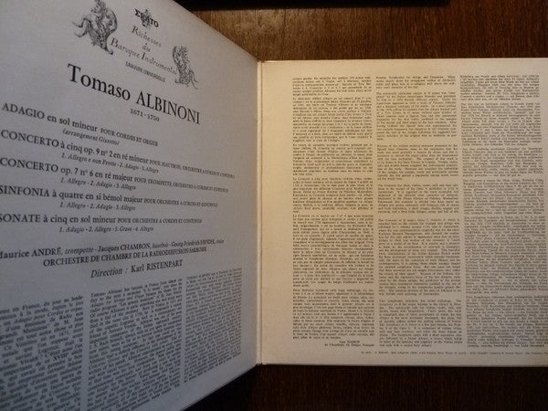 Tomaso Albinoni / Maurice André - Jacques Chambon - Georg Friedrich Hendel - Kammerorchester Des Saarländischen Rundfunks, Saarbrücken Direction Karl Ristenpart : Célèbre Adagio - Concertos & Sinfonies Pour Trompette, Hautbois & Cordes (LP, Album, Gat)