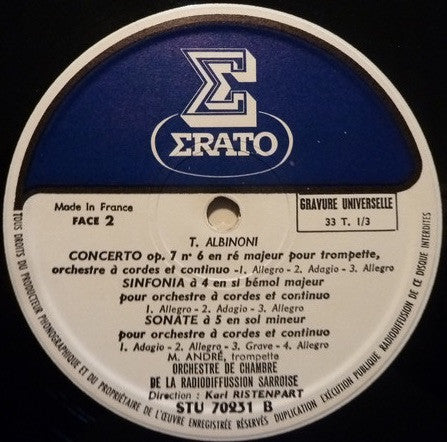 Tomaso Albinoni / Maurice André - Jacques Chambon - Georg Friedrich Hendel - Kammerorchester Des Saarländischen Rundfunks, Saarbrücken Direction Karl Ristenpart : Célèbre Adagio - Concertos & Sinfonies Pour Trompette, Hautbois & Cordes (LP, Album, Gat)