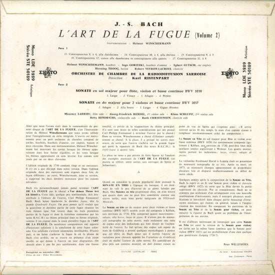 Johann Sebastian Bach, Kammerorchester Des Saarländischen Rundfunks, Saarbrücken, Karl Ristenpart : L'Art De La Fugue Vol. II (LP)