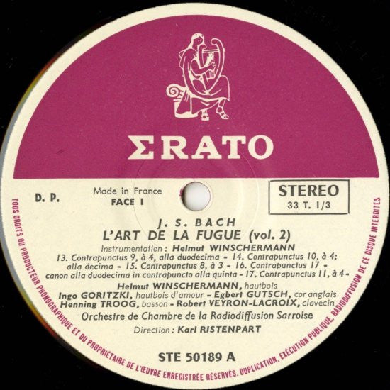Johann Sebastian Bach, Kammerorchester Des Saarländischen Rundfunks, Saarbrücken, Karl Ristenpart : L'Art De La Fugue Vol. II (LP)