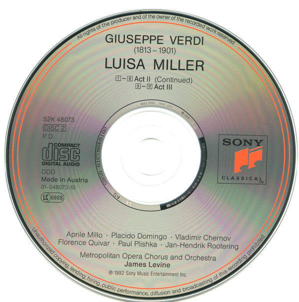 Verdi* - Aprile Millo · Placido Domingo · Vladimir Chernov · Florence Quivar · Paul Plishka · Jan-Hendrik Rootering · Metropolitan Opera Orchestra* And Metropolitan Opera Chorus, James Levine (2) : Luisa Miller (2xCD, Album)