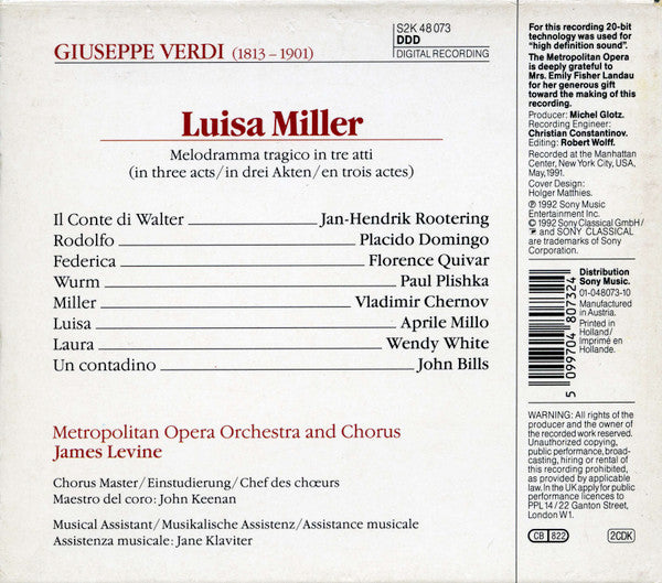 Verdi* - Aprile Millo · Placido Domingo · Vladimir Chernov · Florence Quivar · Paul Plishka · Jan-Hendrik Rootering · Metropolitan Opera Orchestra* And Metropolitan Opera Chorus, James Levine (2) : Luisa Miller (2xCD, Album)