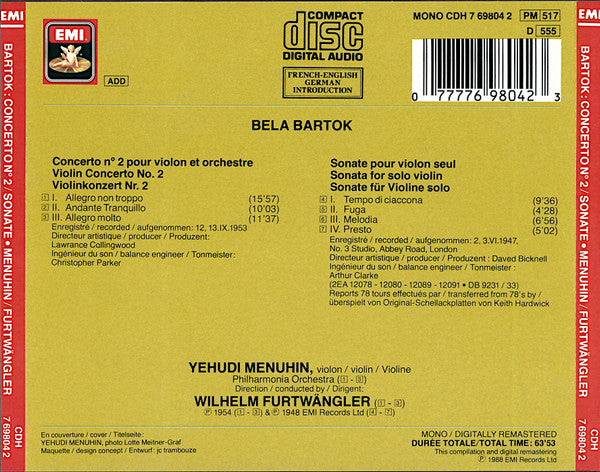 Béla Bartók, Yehudi Menuhin, Philharmonia Orchestra, Wilhelm Furtwängler : Concerto Pour Violon N° 2 / Sonate Pour Violon Seul (CD, Comp, Mono, RM)