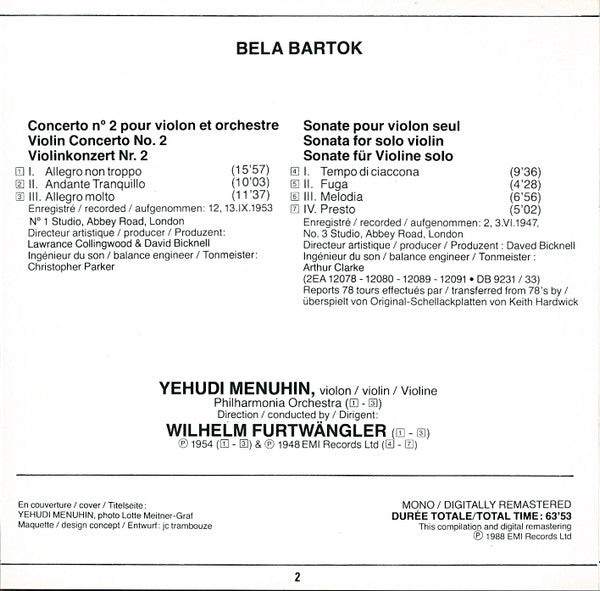 Béla Bartók, Yehudi Menuhin, Philharmonia Orchestra, Wilhelm Furtwängler : Concerto Pour Violon N° 2 / Sonate Pour Violon Seul (CD, Comp, Mono, RM)
