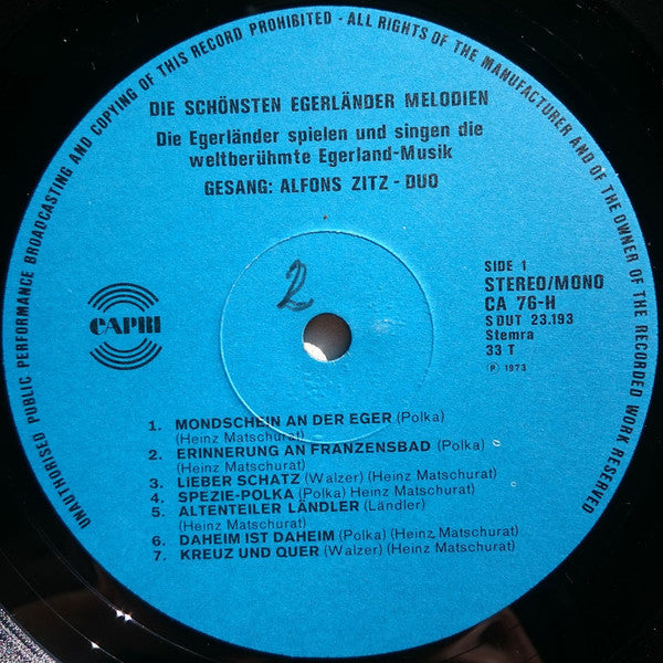 Die Egerländer, Alfons Zitz : Die Schönsten Egerländer Melodien (LP)