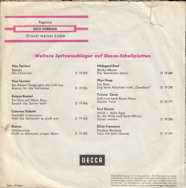Vico Torriani : Pepino (Pepino The Italian Mouse) (7", Single)