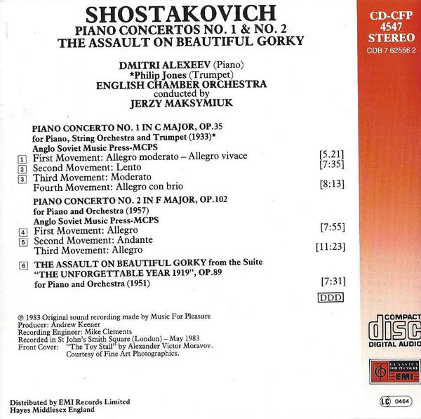 Dmitri Shostakovich, Dmitri Alexeev, Philip Jones, English Chamber Orchestra, Jerzy Maksymiuk : Piano Concertos No.1 & No.2 / The Assault On Beautiful Gorky From "The Unforgettable Year 1919" (CD, RE)