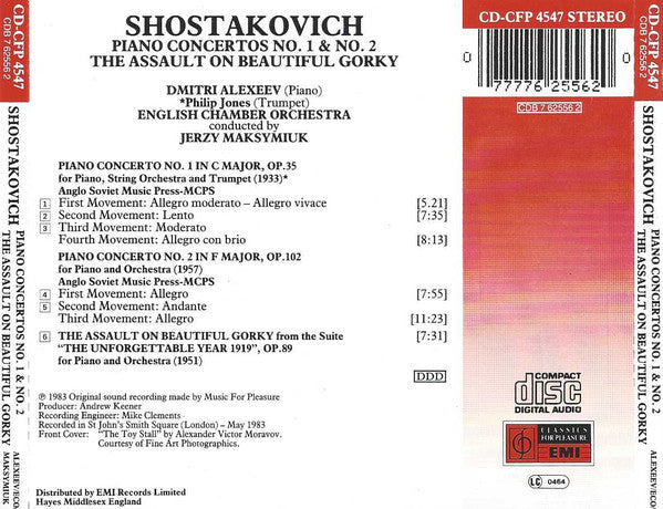Dmitri Shostakovich, Dmitri Alexeev, Philip Jones, English Chamber Orchestra, Jerzy Maksymiuk : Piano Concertos No.1 & No.2 / The Assault On Beautiful Gorky From "The Unforgettable Year 1919" (CD, RE)
