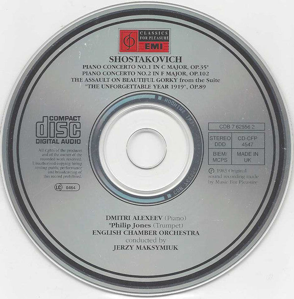 Dmitri Shostakovich, Dmitri Alexeev, Philip Jones, English Chamber Orchestra, Jerzy Maksymiuk : Piano Concertos No.1 & No.2 / The Assault On Beautiful Gorky From "The Unforgettable Year 1919" (CD, RE)