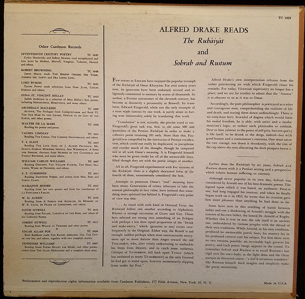 Alfred Drake Reads Omar Khayyam And Matthew Arnold : The Rubaiyat And Sohrab And Rustum (LP)