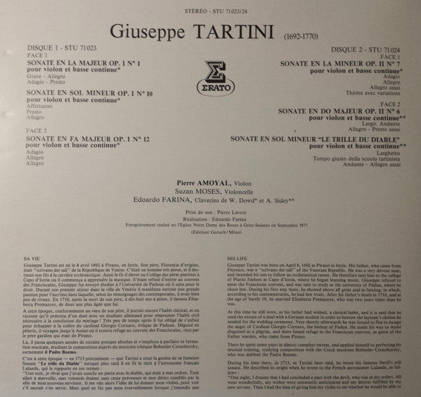 Giuseppe Tartini, Pierre Amoyal, Susan Moses, Edoardo Farina : Tartini Six Sonates Pour Violon, Violoncelle & Clavecin (2xLP, Gat)