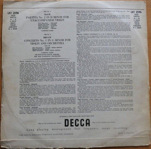 Bach*, Bruch*, Campoli*, Royalton Kisch conducting The New Symphony Orchestra* : Bach: Partita No. 2 For Unaccompanied Violin, Bruch: Concerto No. 1 In G Minor For Violin And Orchestra (LP, Mono)