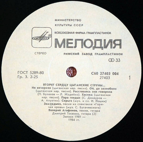 Валерий Агафонов : Вторят Сердцу Цыганские Струны (LP, RP)