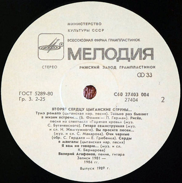 Валерий Агафонов : Вторят Сердцу Цыганские Струны (LP, RP)