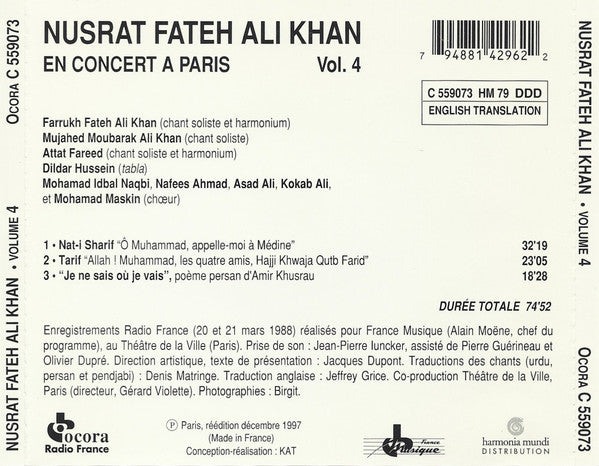 Nusrat Fateh Ali Khan : Pakistan: Nusrat Fateh Ali Khan En Concert À Paris Vol. 4 (CD, Album, RE)