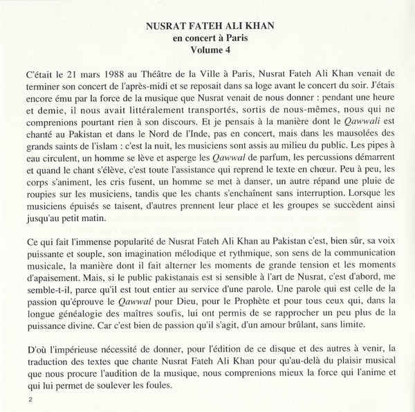 Nusrat Fateh Ali Khan : Pakistan: Nusrat Fateh Ali Khan En Concert À Paris Vol. 4 (CD, Album, RE)