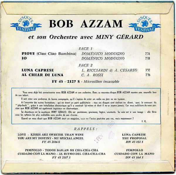 Bob Azzam Et Son Orchestre Avec Miny Gérard : Piove / Io / Luna Caprese / Al Chiar Di Luna (7", EP)